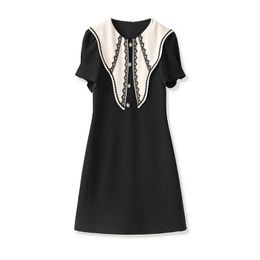 Summer Black Contrast Colour Panelled Dress Short Sleeve Peter Pan Neck Buttons Knee-Length Casual Dresses W4M065606