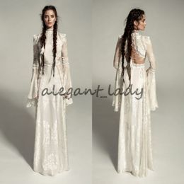 Meital Zano Great Victoria Medieval Wedding Gown with Bell Sleeves Vintage Crochet Lace High Neck Gothic Queen Wedding Dresses 305G