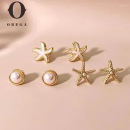 Stud Earrings Obega 3 Pairs Multicolor Starfish Shells Tiny Ear Imitation Pearl Shiny Bule Purple Color Sweet Summer Jewelry