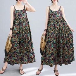 Casual Dresses Floral Cotton Linen Suspender Dress Women Fashion 2024 Summer Retro Loose A-Line Printed Sleeveless Long Robe Z2199