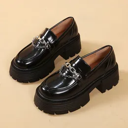 Dress Shoes Retro Chunky Heel Pumps Loafer Women's Ladies Leather Platform Casual Chain Fashion All-match