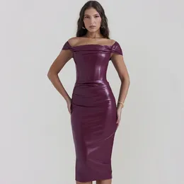 Party Dresses Wine Red Strapless Backless PU Leather Midi Dress For Women Off-shoulder Sleeveless Bodycon Club Long
