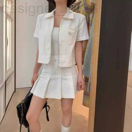 Two Piece Dress Designer Spring/Summer Casual minimalist Style Polo Collar Denim Short Sleeves+High Waist Pleated Half Skirt Set VOVT