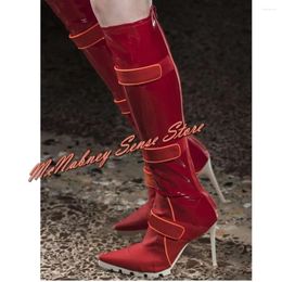 Boots Hook And Loop Red Pointed Toe Stiletto Heels Knee High Shoes Solid Patchwork Patent Leather Winter Party Dress Women