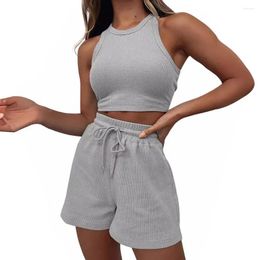 Running Sets Women Crop Top Shorts Set Women's High Waist With Drawstring Elastic Solid Colour O Neck For Active