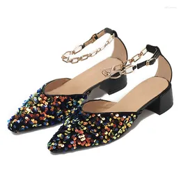 Casual Shoes 2024 Woman 3cm Low Heels Pumps Fenty Beauty Chain Buckle Strap Sparkly Colored Sequins Large Size Fashion Shallow Leisure