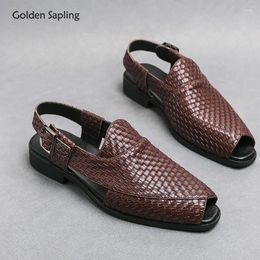 Sandals Golden Sapling Casual Business For Men Summer Leather Shoes Elegant Peep Toe Men's Wedding Flats Party Footwear