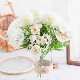 Decorative Flowers Wreaths Silk Multicolor Bouquet Artificial Flowers Hydrangea Rose Bouquet Ball Chrysanthemum Diy Christmas Decorations for Home Wedding