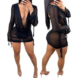 Women Bikini Cover-Ups Solid Color Mesh See-Through Cowl Neck Long Sleeve Tie-Up Wrapped Hip Beach Mini Dress