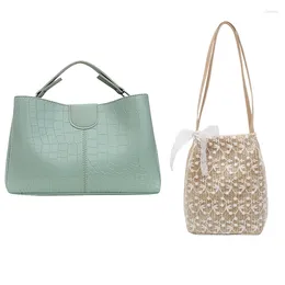 Shoulder Bags -Lace Straw Woven Women's Bag Beige & Crocodile Pattern Messenger Fashion PU Leather Green