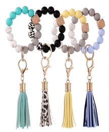 Wristlet Keyring Bracelets Keychain Silicone Wooden Beads PU Leather Tassel Pendant Bag Charms Jewelry Fashion Portable Anti Lost 2704570