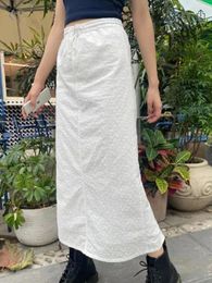Skirts Cotton Floral Embroidery Maxi Women Summer Drawstring Y2k Elastic Waist Straigth Long Faldas Sweet Preppy Style Skirt