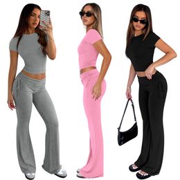 NEW Designer Tracksuits Summer Outfits Women Two Piece Sets Short Sleeve T-shirt and Flare Pants Solid Sportswear asual Sweatsuit Wholesale Clothing 11031