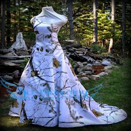 REALTREE Snow Camo Wedding Dress One Shoulder Court Train Lace-up Back Country CAMO Formal Gown 252K