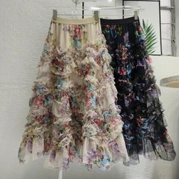 Skirts Heavy Industry Irregular Wood Ear Edge Colourful Printing Mesh Cake Half Length Skirt Elastic High Waist Slim A-line