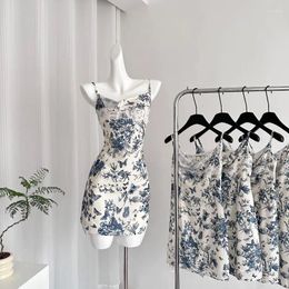 Casual Dresses Sweet Girl Blue Floral Sleeveless Strap Dress For Women's Summer Butterfly Print Slim Fit A-line Short Female Clothes