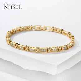 RAKOL Korean Cross Square Cubic Zirconia Charm Bracelets for Women Fashion Gold Color Tennis Bracelet Party Jewelry 240423