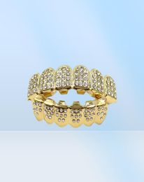 Hip Hop ICED OUT CZ Diamonds Top Silver Hiphop Jewelry Gold Teeth Grillz Rhinestone TopBottom Grills Set Shiny Tooth5548102