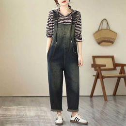 Women's Jumpsuits Rompers Solid Denim Jumpsuits for Women Workwear Straight Pants Vintage One Piece Outfit Women Clothes High Strt Loose Casual Rompers Y240510
