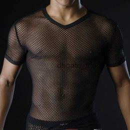 Hot Men T Shirts Transparent Mesh See Through Tops Tees Sexy Man Tshirt V Neck Singlet Gay Male Casual Clothes T-shirt Clothing