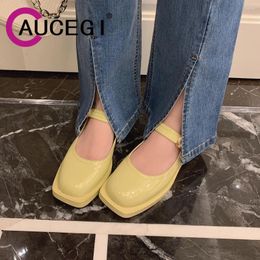 Casual Shoes Aucegi 2024 Spring Women Sandals Round Toe Buckle Thick Low Heel Mary Jane Shallow Ladies Patent Leather Wild Footwear