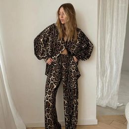 Women's Two Piece Pants Leopard Print Imitation Silk Women Suit Single Breasted Lapel Long Sleeve Shirt Top And Wide Leg Outfits Autumn 2