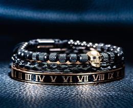Luxury 3pcsSet Skull Charm Black Gold Bracelet Stainless Steel Men Enamel Roman Number Bangles Europe Fashion Couple Jewellery 22079055370