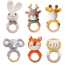 1pc Baby Teether Music Rattles for Kids Animal Crochet Rattle Elephant Giraffe Ring Wooden Babies Gym Montessori Childrens Toys 240430