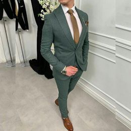 Dark Green Groom Wedding Tuxedos Tweed One Button Peaked Lapel Mens Suits Best Man Formal Wedding JacketJacket Vest Pants 256N