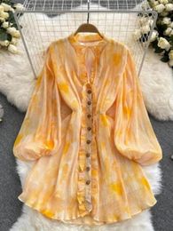 Casual Dresses Beach Summer Vintage Printed Dress For Women Bubble Sleeves Slim Wooden Ear Lace Up A Line Boho Short