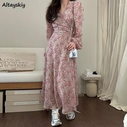 Casual Dresses Long Women Pink Floral Sleeve V-neck Bodycon Loose French Style Elegant Ladies Holiday Leisure Spring Stylish BF