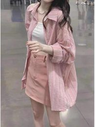 Women's Blouses 2024 Early Spring Outer Cardigan Lazy Loose Top Sunscreen Shirt Pink Striped Jacket Women