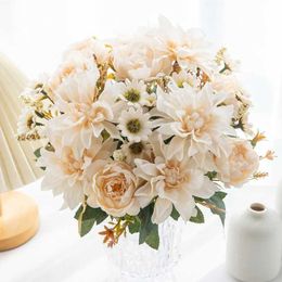 Decorative Flowers Wreaths 1Pc Hot sale Artificial Flower Silk Dahlia Rose daisy Christmas Home Decoration Bonsai Room Wedding Bridal Bouquet Party Diy box