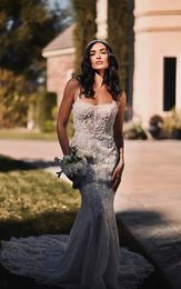 Fulllace Mermaid Hochzeitskleid für Braut Illusion V-Ausschnitt Perlen Spitzenbrautkleider für Heiratskleider Sweep-Zug Designer Kleid