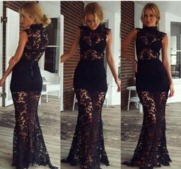 Black Full Lace Sheer High Neck Long Evening Dresses Ladies Party Formal Wear Sleeveless Floor Length Cheap 20196913684