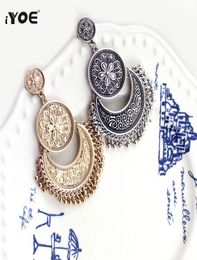 IYOE Jewellery dangle Boho Ethnic Drop Earring Hollow Silver Colour Coin Round Dangle Metal Tassel Earrings Women Antique8157357