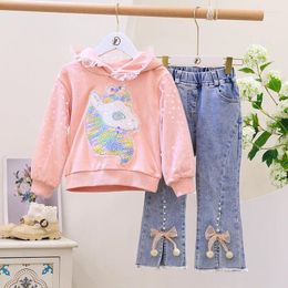 Clothing Sets Children's Wear Spring Autumn Season Girl's Sequin Cartoon Hoodie And Jeans Set