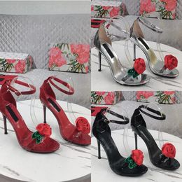 Sandals Women's Red Soled High Heels Upper Rose Embellished High Heels Stiletto 11cm Luxury Designer Dress shoes Leather open-toe heels with box large size 34-43