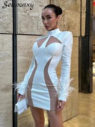 Casual Dresses High Quality Sexy O-Neck Feather Long Sleeve Mesh Perspective Mini Bandage Dress Fashion Women's White Elegant Club Party