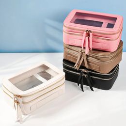 Double layered Saffiano leather makeup Organiser toilet storage bag transparent PVC travel makeup bag 240429