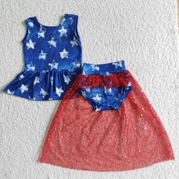 Clothing Sets Fashion Blue White Star Red Gauze Lace Sleeveless Briefs Bummies Suit Wholesale Boutique Children Clothes RTS