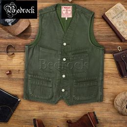 Men's Tank Tops MBBCAR Mens Cargo PU Vest 10oz Selvedge Denim Cotton Army Green Waterproof Vinatge V-Neck Hunting Bukleback 3091