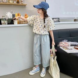 Clothing Sets Summer Fashion Children Girl Clothes School Spots Bubble Sleeve Tops Lace Trouser Legs Straight Pants Set For Girls