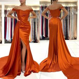 Off Shoulder Split Side High Sexy Orange Prom Dresses 2022 Cap Sleeve Plus Size Couple Maid of Honor Dress Evening Gowns BC11177 2479