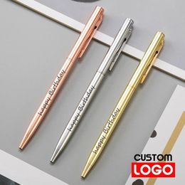 50PcsLot Slim Metal Ballpoint Pens Rose Gold Custom Advertising Lettering Engraved Name School Office Supplies Gifts 240430