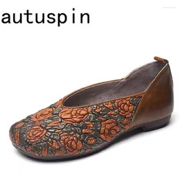 Casual Shoes AUTUSPIN 1.5cm Ethnic Women Flats Design Summer Autumn Genuine Leather Loafers Outdoor Elegant Women's Big Size 41