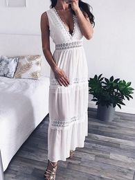 Casual Dresses White Lace Women Sexy Deep V Neck Long Dress Ladies Elegant Hollow Out Seleeveless Maxi Boho Robe Femme