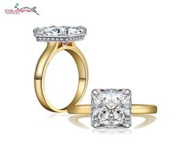 COLORFISH Luxury 4 Carat Princess Cut Sona Solitaire Engagement Ring Gold Colour Tow Tone 925 Sterling Silver Ring For Women C181225581618