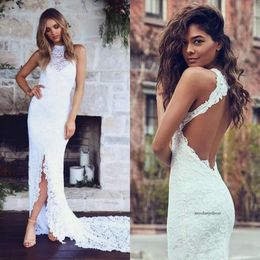 Charming Garden Beach Bohemian Full Lace Wedding Sexy Backless Fitted Elegant Gowns Side Split Bridal Dress 0510