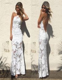 Sexy Sheath Mermaid Evening Gowns Halter Full White Lace Applique Backless Prom Dress Elegant Lady Custom Made Formal Dresses3254994